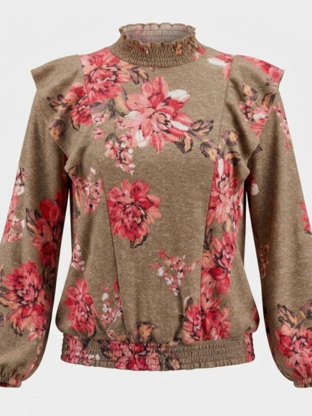 Maurices Floral Mock Neck Ruffle Shoulder Long Sleeve Top Medium